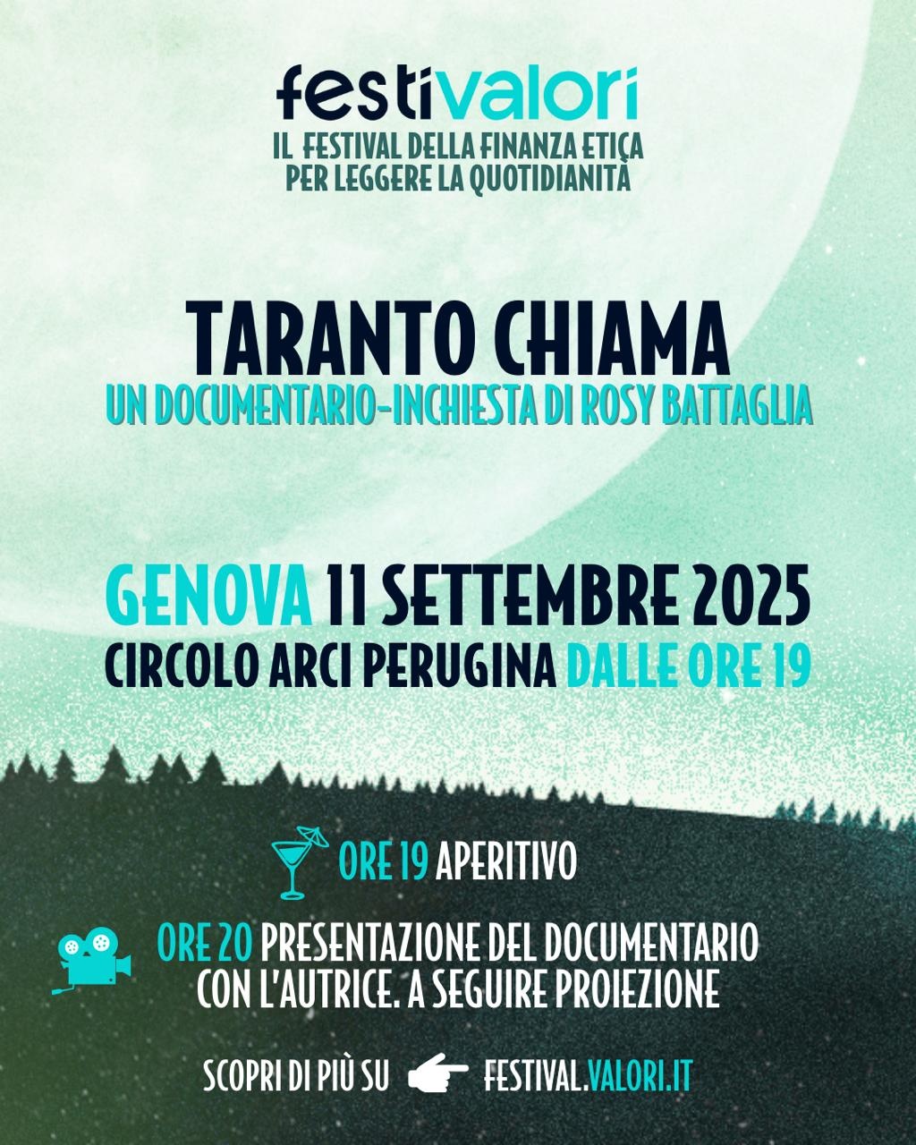 Locandina sui toni del verde acqua.
Festivalori. Il festival della finanza etica per leggere la quotidianità.
Taranto chiama e stesse indicazioni di orario riportate in descrizione
Scopri di più su festival.valori.it