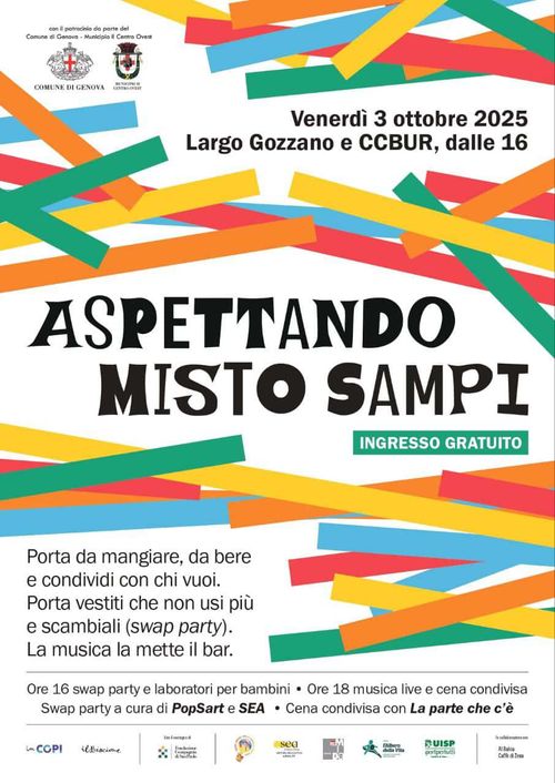 Aspettando Misto Sampi
Locandina dell'evento con le informazioni indicate in descrizione, il titolo è scritto in nero su sfondo bianco con molti caratteri diversi per un effetto giocoso strambo. Le parti vuote della locandina sono occupate da tante linee dritte colorate piuttosto spesse che si sovrappongono tra loro.