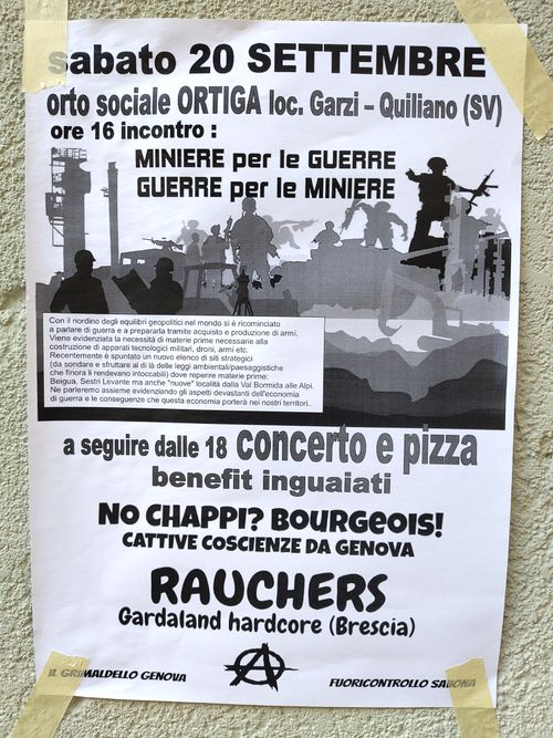 miniere per le guerre. guerre per le miniere
Locandina ciclostilata dell'incontro, in bianco e nero