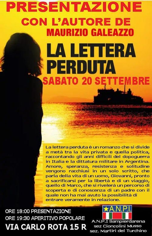 La lettera perduta. presentazione del libro con l'autore Maurizio Galeazzo
Locandina dell'evento su sfondo di una foto dai colori molto contrastati di una nave sul mare al tramonto e una figura umana di profilo