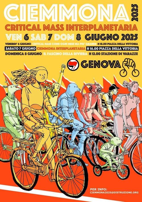 Ciemmona Critical Mass Interplanetaria 2025 Un sacco di personaggi in bici, umani e non. Son tutti di colori diversi e felici